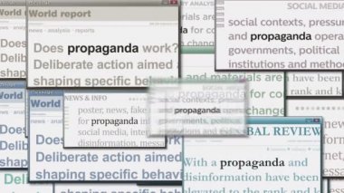 Uluslararası medyada propaganda, yanlış bilgilendirme ve manipülasyonla manşet haber. Ekranlardaki internet haber başlıklarının soyut kavramı. Kusursuz ve döngülü animasyon.