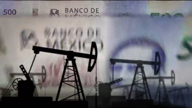 500 Meksika Pezosu para sayma makinesi ve yağ pompası. Petrol kuyusu ve yakıt ve banknotlar dahil olmak üzere enerji işi. Ekonomik soyut konsept arkaplan çizimi döngüsel ve pürüzsüz 3d animasyon.