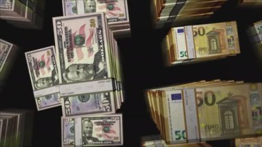 Euro ve Amerikan Doları değiş tokuşu. Kağıt 50 EUR ve 50 $'lık banknotlar. Ticaret, ekonomi, rekabet, kriz, bankacılık ve finans kavramı. Döngüsüz 3D canlandırma notaları.
