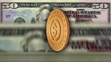 USDC şifreleme altın sikkeleri dolar banknotları üzerinde. ABD banknot sayımı, stabil madeni para transferi ve engelleme teknolojisi. Döngüsüz ve kusursuz soyut 3D arkaplan kavramı.