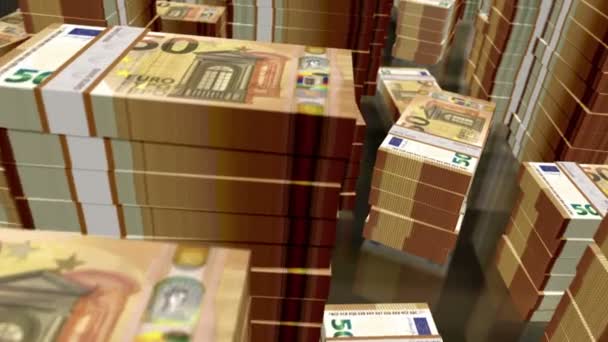 Euro Paquetes Dinero Bucle Vuelo Más Euros Billetes Apila Torres — Vídeo de stock