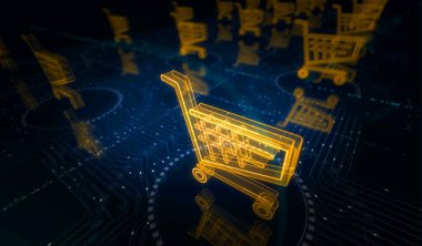 Alışveriş arabası ikonu online ticaret ve e-ticaret iş sembolü dijital konsept. Ağ, siber teknoloji ve bilgisayar arkaplanı soyut 3D resimleme.