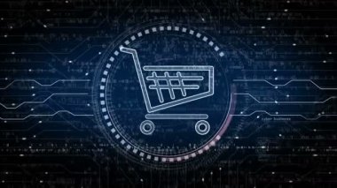 Alışveriş arabası ikonu çevrimiçi ticaret ve e-ticaret iş sembolü soyut dijital kavram. Ağ, siber teknoloji ve bilgisayar arkaplanı kusursuz ve döngülü animasyon.