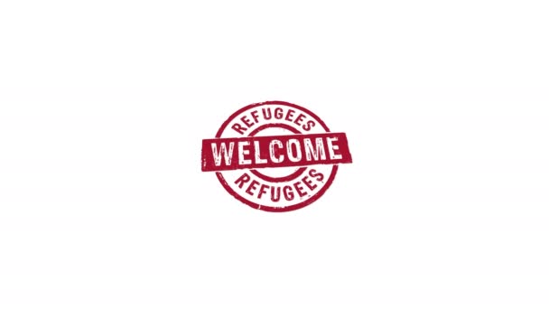 Refugiados Bienvenido Sello Estampación Mano Impacto Animación Aislada Migración Ayuda — Vídeos de Stock