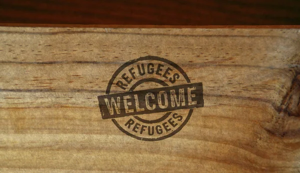 Vluchtelingen Welkom Stempel Gedrukt Houten Doos Migratie Humanitaire Hulp Tijdens — Stockfoto