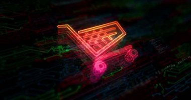 Alışveriş arabası ikonu çevrimiçi ticaret ve e-ticaret sektörü renkli sembol kavramı. Ağ, siber teknoloji ve bilgisayar arkaplanı soyut 3d canlandırması.