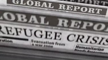Mülteci krizi ve insani yardım günlük gazetesi basım raporu. Soyut konsept retro 3d pürüzsüz döngü.