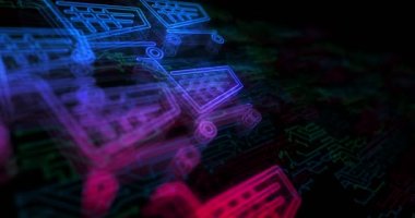 Elektronik devre arka planında alışveriş arabası ikonu çevrimiçi ticaret ve e-ticaret hologramı sembolü görünüyor. Bilgisayar ağı, siber teknoloji soyut kavram 3 boyutlu kusursuz döngü animasyonu.