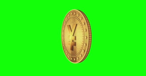 Японская Йена Изолировала Золотую Монету Зеленом Фоне Вращающаяся Золотая Металлическая — стоковое видео