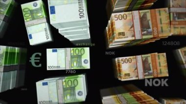 Euro ve Norveç Krone para değişimi. Kağıt banknotlar tomar tomar. Ticaret, ekonomi, rekabet, kriz, bankacılık ve finans kavramı. Döngüsüz 3D canlandırma notaları.
