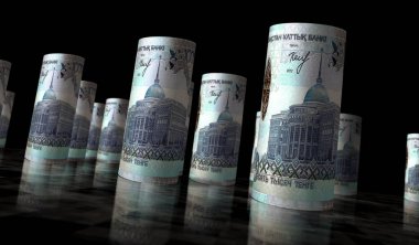Kazak Tenge para rulosu 3D illüstrasyon. KZT 'nin parası suyunu çekti. Kazakistan 'da finans, nakit, ekonomi krizi, iş başarısı, durgunluk, banka, vergi ve borç kavramı.