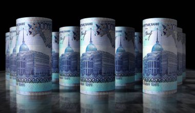 Kazak Tenge para rulosu 3D illüstrasyon. KZT 'nin parası suyunu çekti. Kazakistan 'da finans, nakit, ekonomi krizi, iş başarısı, durgunluk, banka, vergi ve borç kavramı.
