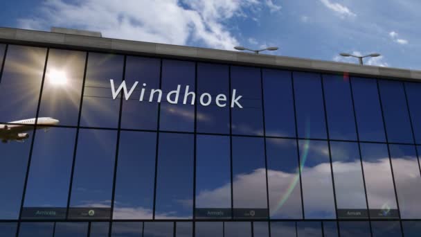 Samolot Lądujący Windhoek Namibia Animacja Renderowania Przylot Miasta Szklanym Terminalem — Wideo stockowe