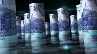 Kazak Crown ruloları 3D animasyon döngüsü. Masada para var. Kazakistan 'da ekonomi, finans, iş ve ekonomik durgunluk gibi kusursuz ve döngüsüz bir kavram. KZT arasındaki kamera banknotları yuvarladı.
