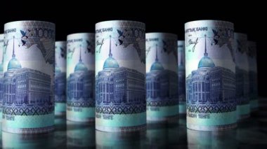 Kazak Tenge para ruloları 3D animasyon döngüsü. Kamera KZT 'nin önünde hareket ediyor. Kazakistan 'da kusursuz ekonomi, finans, iş ve borç kavramı.