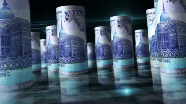 哈萨克王冠滚回圈3D动画 钱在桌子上 哈萨克斯坦经济 商业和衰退的无缝隙和易碎的抽象概念 Kzt滚动式钞票之间的照相机 — 图库视频影像