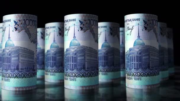 Kazachski Tenge Pieniądze Rolki Pętla Animacja Kamera Porusza Się Przed — Wideo stockowe