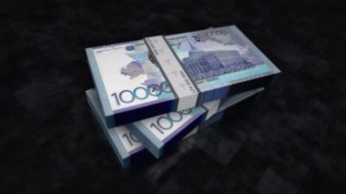 Kazak Tenge para yığını. Kazakistan 'da ekonomi, bankacılık, ticaret, kriz, durgunluk, borç ve finansman kavramları. 10000 KZT banknotları 3d animasyon dizer.