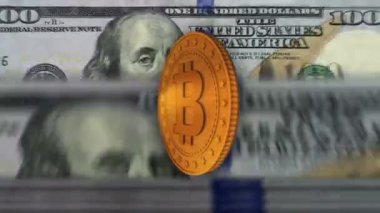 Bitcoin kripto altın paralar 100 doların üzerinde. ABD banknot sayımı, BTC işlemi ve engelleme teknolojisi. Döngüsüz ve kusursuz soyut 3D arkaplan kavramı.