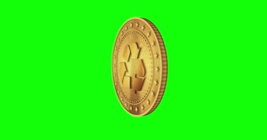 Geri dönüşüm, ekoloji, e-atık ve para dolaşımı yeşil ekran döngüsü üzerinde izole edilmiş altın sikke. Dönen altın metal döngüsü soyut kavram. 3B döngü kusursuz canlandırma.
