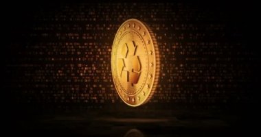 Geri dönüşüm, ekoloji, e-atık ve para çevrilebilir dijital arka planda altın para dolaşımı. Üç boyutlu kusursuz döngü konsepti. Dönen altın metal döngüsü soyut animasyon.