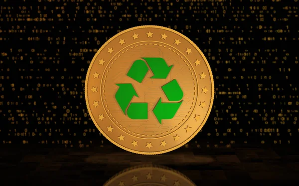 リサイクル 生態系 電子廃棄物や緑の画面の背景にお金の循環金のコイン アブストラクトコンセプト3Dイラスト — ストック写真