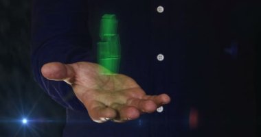 Geri dönüşüm simgesi, atık veri yönetimi ve sürdürülebilir sanayi sembolü insan elinin üzerinde. Siber teknoloji simgesi soyut kavram kusursuz ve döngüsel.