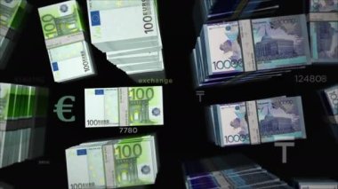 Euro ve Kazakistan Tenge para değişimi. Kağıt banknotlar tomar tomar. Ticaret, ekonomi, rekabet, kriz, bankacılık ve finans kavramı. Döngüsüz 3D canlandırma notaları.
