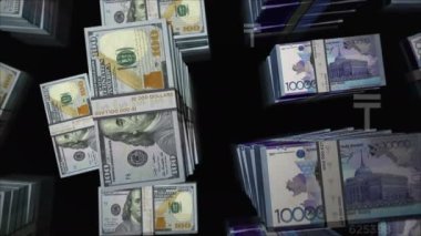 American Dollar ve Kazakistan Tenge para değişimi. Banknotlar tomar tomar. Ticaret, ekonomi, rekabet, kriz, bankacılık ve finans kavramı. Döngüsüz 3D notalar.