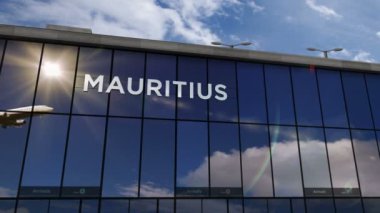 Mauritius 3D 'ye inen uçak animasyon yapıyor. Cam havaalanı terminali ve jet uçağının yansımasıyla şehre vardık. Seyahat, iş, turizm ve ulaşım kavramı.