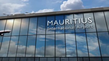 Mauritius 3D 'ye inen uçak animasyon yapıyor. Cam havaalanı terminali ve jet uçağının yansımasıyla şehre vardık. Seyahat, iş, turizm ve ulaşım kavramı.