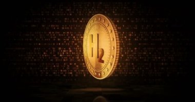 Hidrojen, H2, yenilenebilir yeşil enerji ve çevrilebilir dijital arkaplanda sıfır emisyon altın sikkesi. Üç boyutlu kusursuz döngü konsepti. Dönen altın metal döngüsü soyut animasyon.
