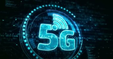 5G yüksek hızlı cep telefonu iletişimi ve iot ağ sembolü dijital konsept. Ağ, siber teknoloji ve bilgisayar arkaplanı soyut 3d canlandırması.