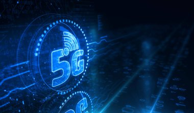 5G yüksek hızlı cep telefonu iletişimi ve iot ağ sembolü dijital konsept. Ağ, siber teknoloji ve bilgisayar arkaplanı soyut 3D resimleme.