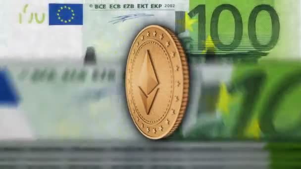 Ethereum Eth Monede Aur Criptocurrency Peste 100 Bancnote Euro Numărarea — Videoclip de stoc