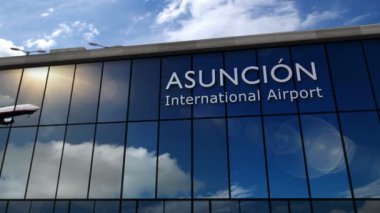 Asuncion, Paraguay 'a inen uçak, Asuncin 3D canlandırma yapıyor. Cam havaalanı terminali ve jet uçağının yansımasıyla şehre vardık. Seyahat, iş, turizm ve ulaşım kavramı.