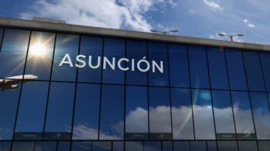 Asuncion, Paraguay 'a inen uçak, Asuncin 3D canlandırma yapıyor. Cam havaalanı terminali ve jet uçağının yansımasıyla şehre vardık. Seyahat, iş, turizm ve ulaşım kavramı.