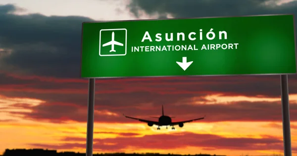 Repülőgép Sziluett Landolás Asuncion Paraguay Városi Érkezés Repülőtéri Irányjelzéssel Naplementével — Stock Fotó