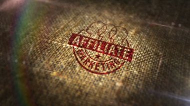 Doğal keten çuvala işlenmiş reklam ve hedef reklam damgası. Çevrimiçi iş tanıtımı 3D tasarım soyut konsept. Döngülü ve pürüzsüz.