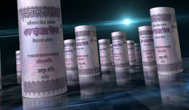Bangladeşli Taka 'nın para rulosu 3D çizim. BDT 'nin parası suyunu çekti. Bangladeş 'te finans, nakit, ekonomi krizi, iş başarısı, durgunluk, banka, vergi ve borç kavramı.
