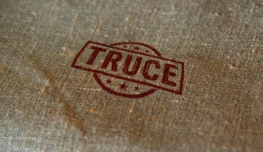 Keten çuvalında ateşkes damgası var. Ateşkes, barış, savaşı durdurun ve ateşkes konsepti.