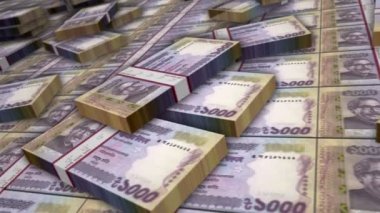Bangladeşli Taka banknot döngüsü. BDT para yığınları. Bangladeş 'te iş, ekonomi, bankacılık ve finans kavramı. Para paketlerinin üzerinde kamera var. Döngüsüz 3D canlandırma.