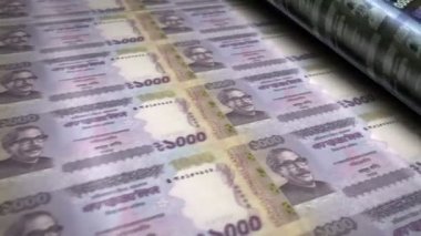 Bangladeshi Taka para basma makinesi döngüsü. Kağıt BDT banknot baskısı 3D döngü kusursuz. Bangladeş 'te bankacılık, borç, finans, ekonomi ve kriz gibi soyut kavramlar.