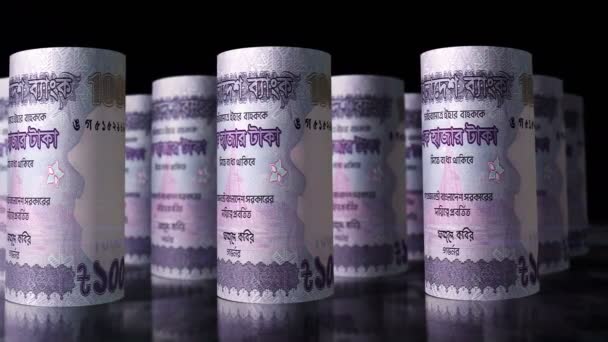 Бангладешские Деньги Така Крутит Петлю Анимации Камера Движется Перед Банкнотами — стоковое видео