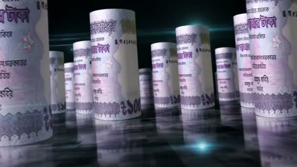 孟加拉国塔卡滚动循环3D动画 钱在桌子上 孟加拉国经济 商业和衰退的无缝隙和易碎的抽象概念 Bdt滚动式钞票之间的照相机 — 图库视频影像