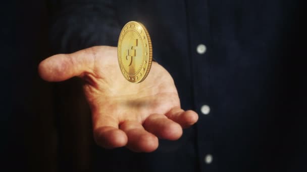 流通的硬币加密货币旋转3D硬币悬停在手上 手头上飘扬着象征的商人 交易和区块链技术无缝循环抽象概念 — 图库视频影像