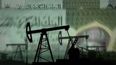 Umman Rial para sayma makinesi ve yağ pompası. Petrol kulesi ve OMR banknotları ile yakıt enerji işi sayılır. Ekonomik soyut kavram arka plan döngüsü ve pürüzsüz 3D animasyon.