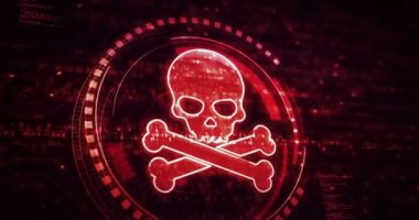 Kuru kafa korsanı, çevrimiçi siber saldırı, hackleme, tehdit ve güvenlik sembolü dijital konsepti ihlal etme. Ağ, siber teknoloji ve bilgisayar arkaplanı soyut 3d canlandırması.