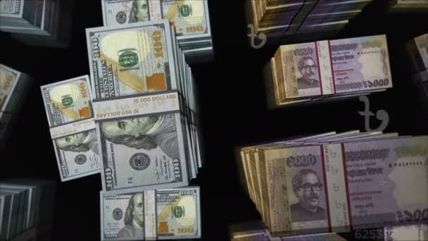 Amerikanska Dollar Och Bangladesh Taka Pengar Utbyte Sedelpaket Begreppet Handel — Stockvideo