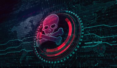 Kuru kafa korsanı, çevrimiçi siber saldırı, hackleme, tehdit ve güvenlik sembolü dijital konsepti ihlal etme. Ağ, siber teknoloji ve bilgisayar arkaplanı soyut 3D resimleme.